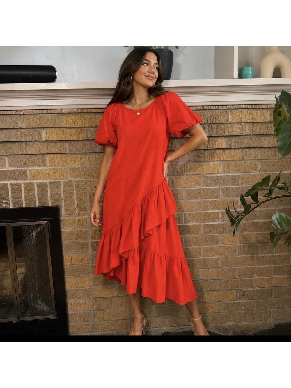 Zara Orange-Red Midi Dress with Puff Sleeves and Ruffle Hem